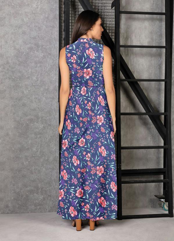 Moda Pop - Vestido Longo Floral Marinho com Gola Alta 2