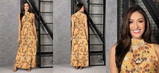 Vestido Longo Floral Marrom com Gola Alta