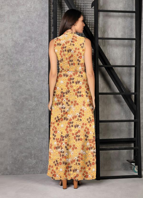 Moda Pop - Vestido Longo Floral Marrom com Gola Alta 2