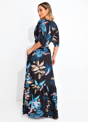 Quintess - Vestido Longo Floral Preto com Bolsos - QUINTESS