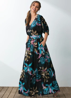 Quintess - Vestido Longo Floral Preto com Bolsos - QUINTESS