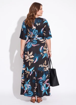 Quintess - Vestido Longo Floral Preto com Bolsos - QUINTESS
