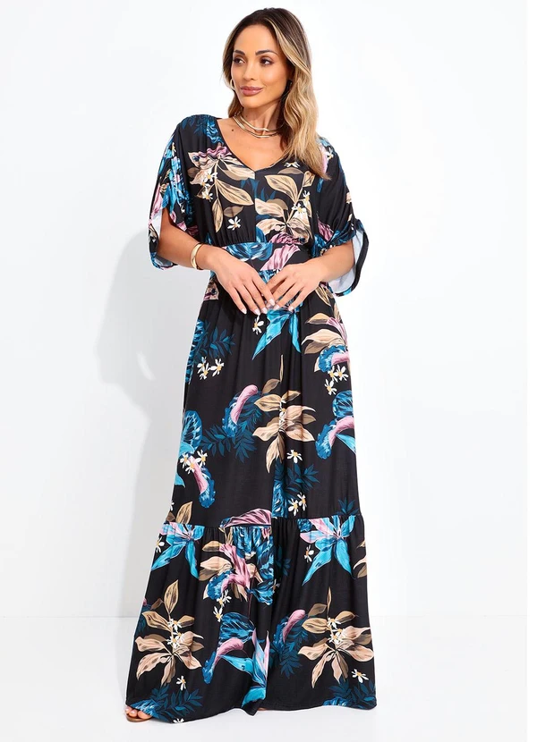 Quintess - Vestido Longo Floral Preto com Bolsos 4