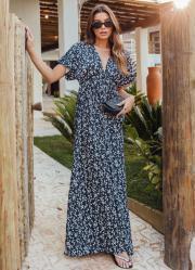 Vestido Longo Floral Preto com Decote Profundo