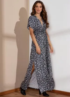 Quintess - Vestido Longo Floral Preto com Decote Profundo - QUINTESS