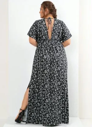Quintess - Vestido Longo Floral Preto com Decote Profundo - QUINTESS