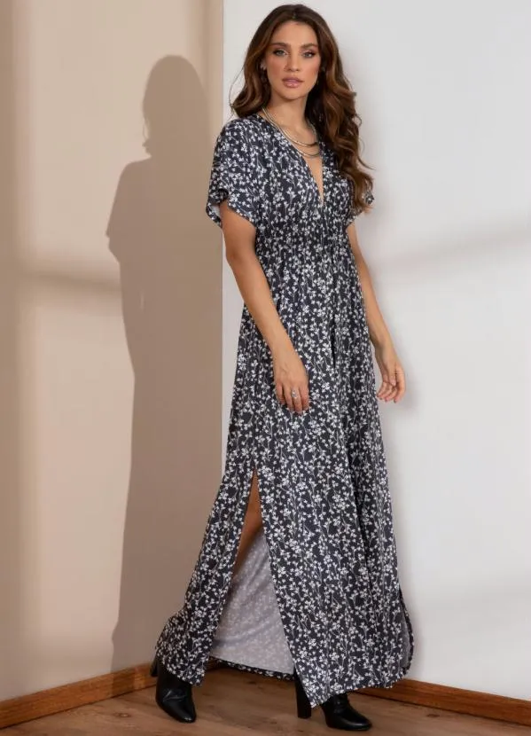 Quintess - Vestido Longo Floral Preto com Decote Profundo 5