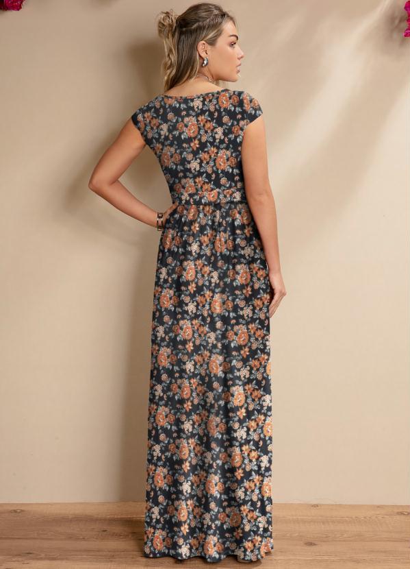 Quintess - Vestido Longo Floral Preto com Manguinhas 2