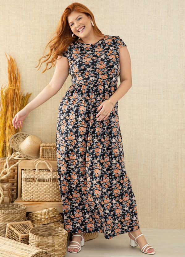 Quintess - Vestido Longo Floral Preto com Manguinhas 5