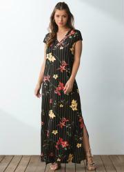 Vestido Longo Floral Risca de Giz com Fenda