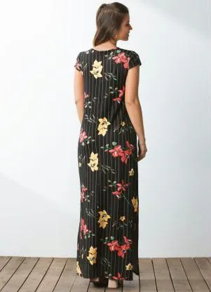Quintess - Vestido Longo Floral Risca de Giz com Fenda - QUINTESS