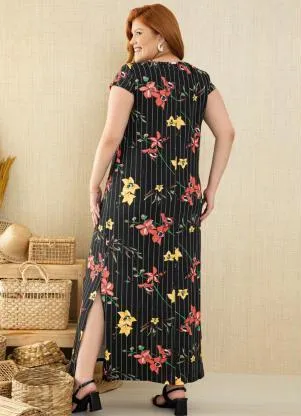 Quintess - Vestido Longo Floral Risca de Giz com Fenda - QUINTESS