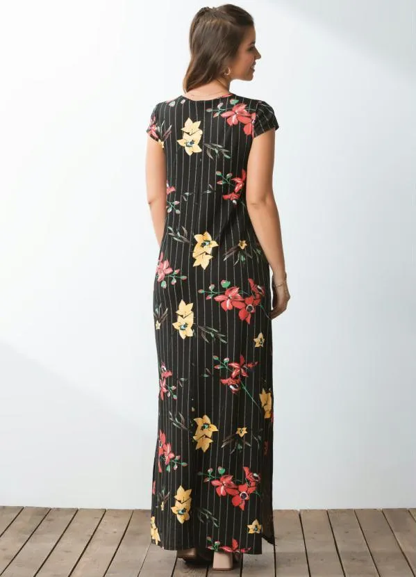 Quintess - Vestido Longo Floral Risca de Giz com Fenda 7
