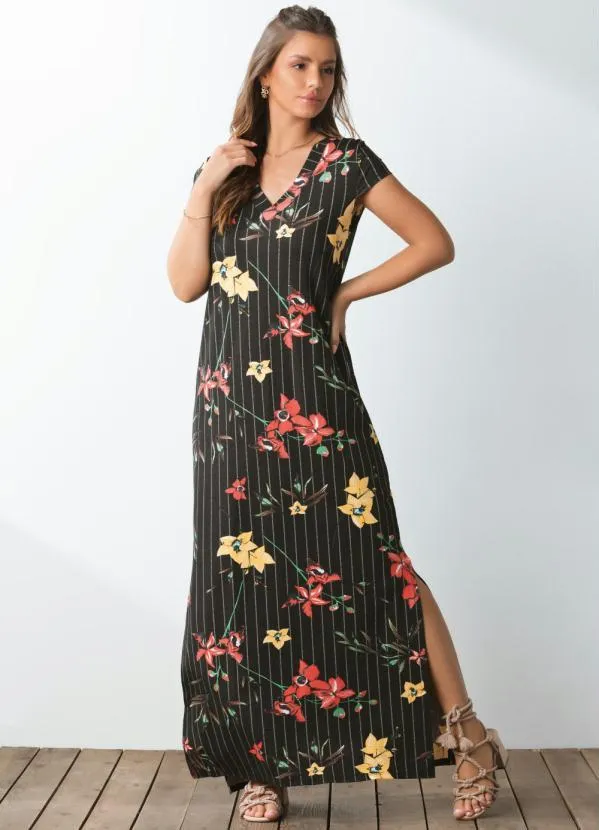 Quintess - Vestido Longo Floral Risca de Giz com Fenda 6