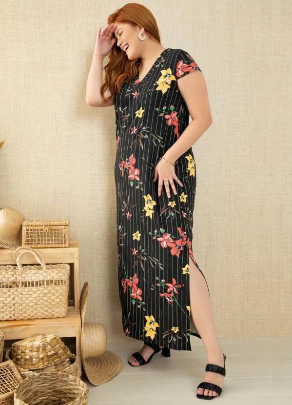 Quintess - Vestido Longo Floral Risca de Giz com Fenda 5