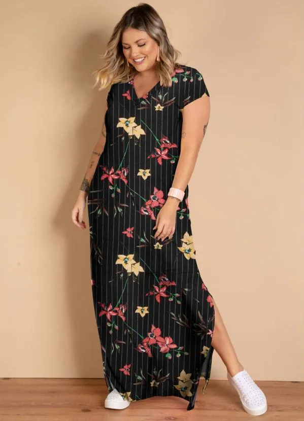 Quintess - Vestido Longo Floral Risca de Giz com Fenda 3