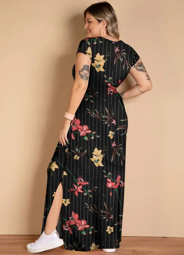 Quintess - Vestido Longo Floral Risca de Giz com Fenda 2