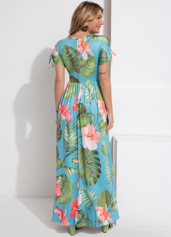 Outlet - Vestido Longo Floral Turquesa com Amarrações 5
