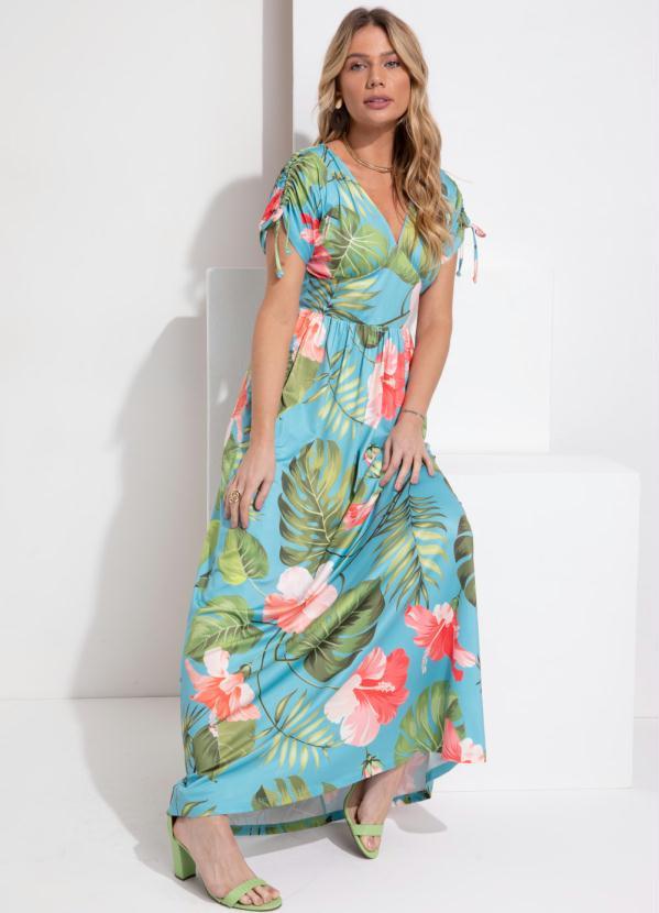 Outlet - Vestido Longo Floral Turquesa com Amarrações 4
