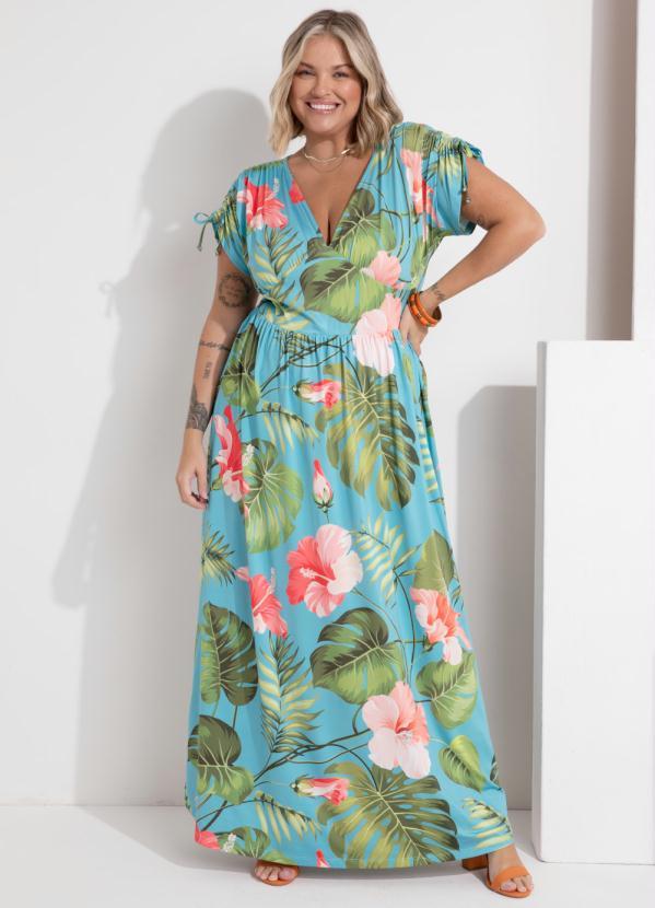 Outlet - Vestido Longo Floral Turquesa com Amarrações 3