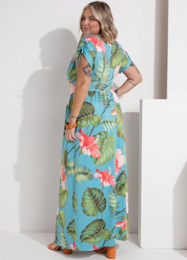 Outlet - Vestido Longo Floral Turquesa com Amarrações 2