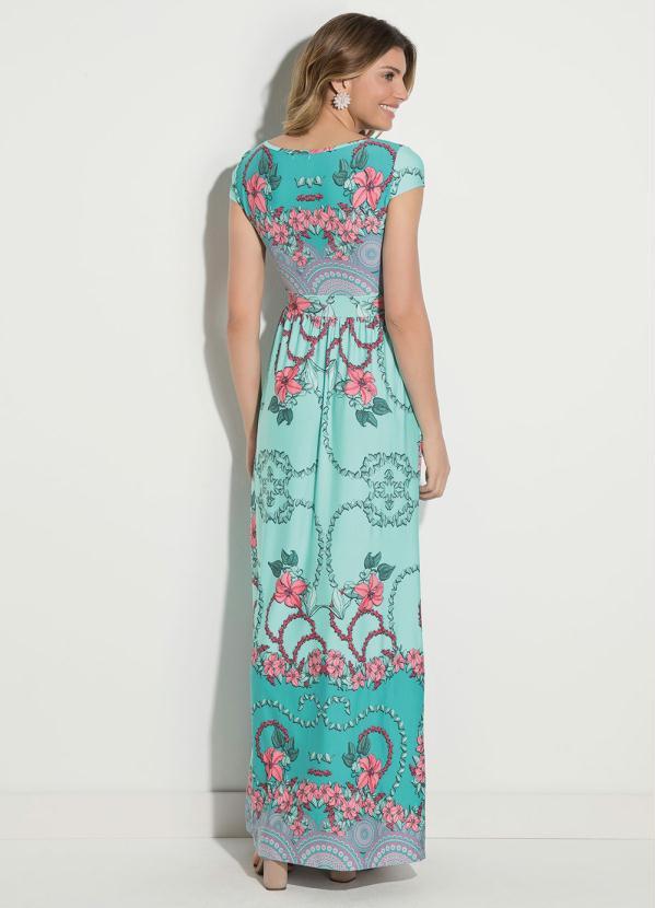 Quintess - Vestido Longo Floral Turquesa com Manguinhas 2
