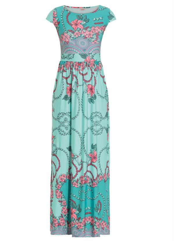 Quintess - Vestido Longo Floral Turquesa com Manguinhas 3