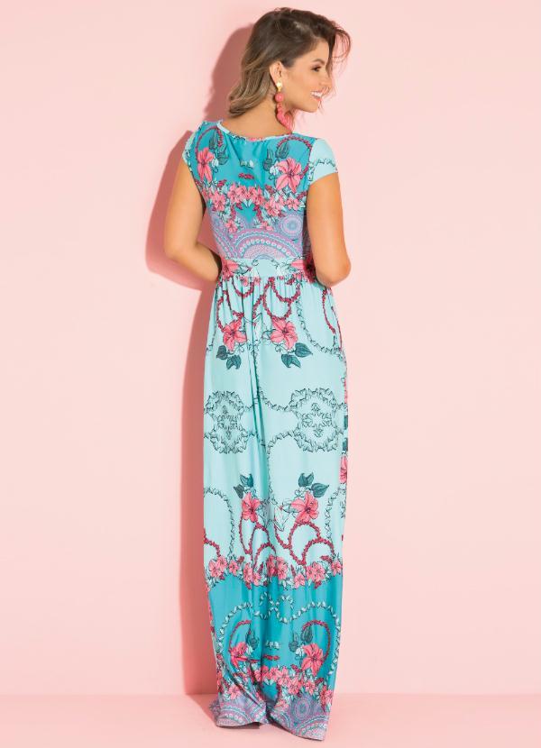 Quintess - Vestido Longo Floral Turquesa com Manguinhas 5