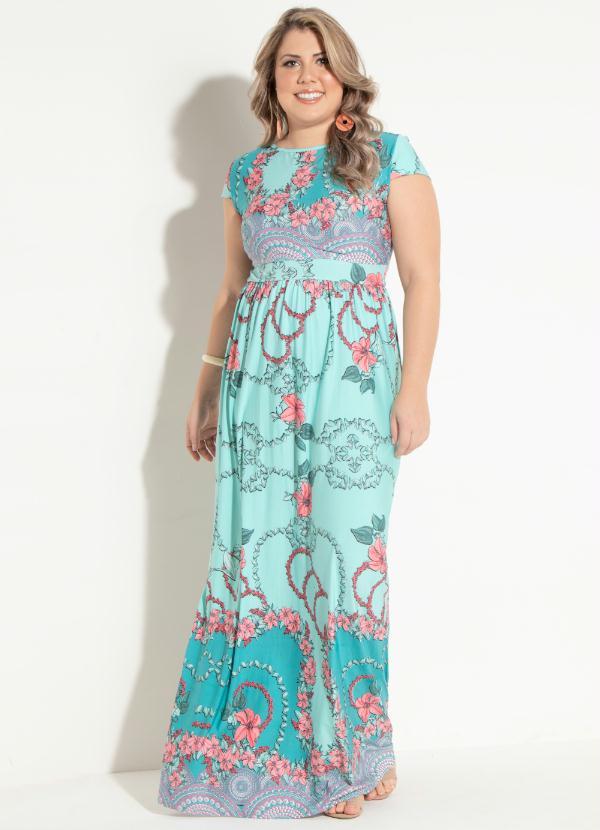 Quintess - Vestido Longo Floral Turquesa com Manguinhas 6