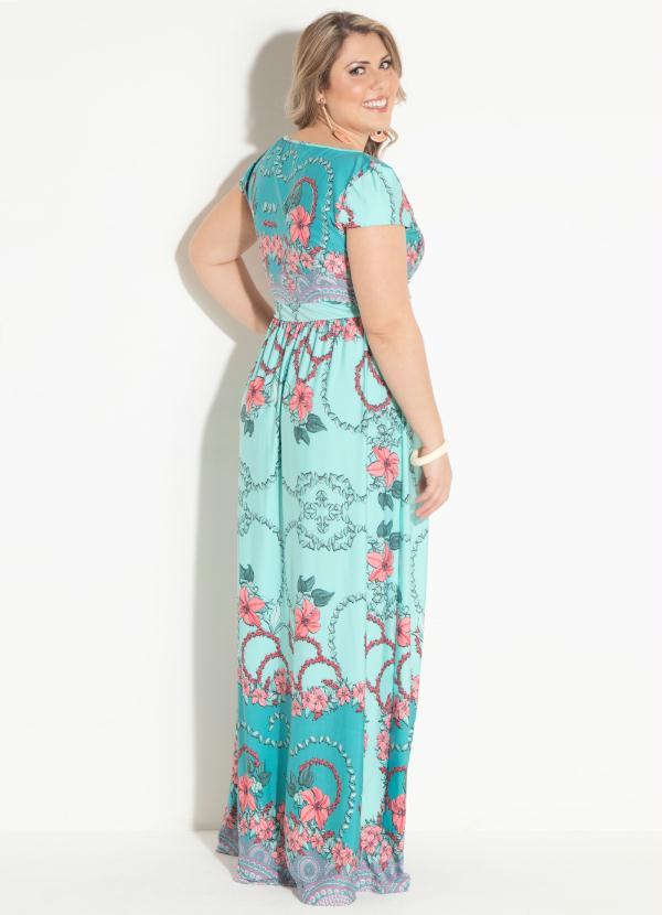 Quintess - Vestido Longo Floral Turquesa com Manguinhas 7