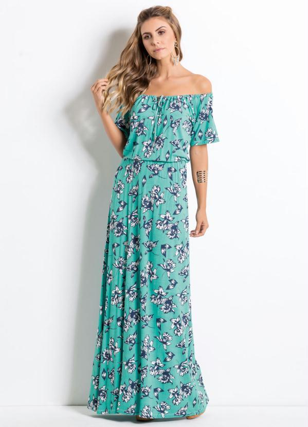 Quintess - Vestido Longo Floral Turquesa Ombro a Ombro