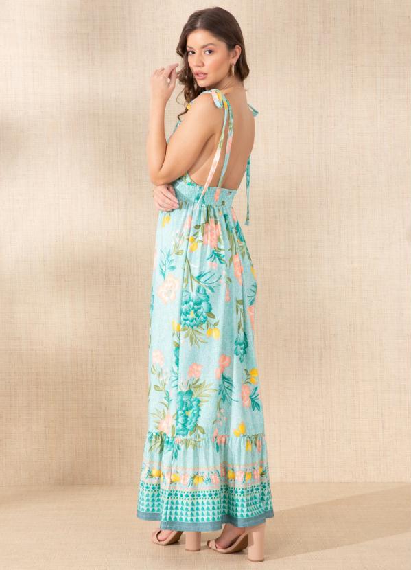 Quintess - Vestido Longo Floral Verde com Alça e Babado 2