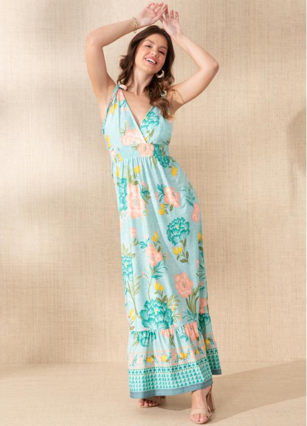 Quintess - Vestido Longo Floral Verde com Alça e Babado 3