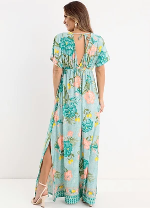Quintess - Vestido Longo Floral Verde com Decote Profundo - QUINTESS