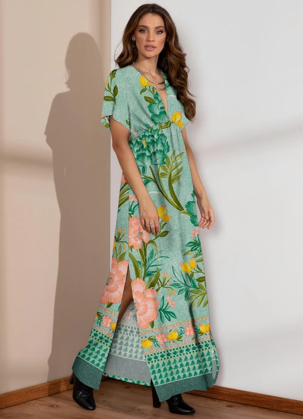 Quintess - Vestido Longo Floral Verde com Decote Profundo 4