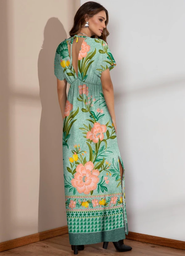 Quintess - Vestido Longo Floral Verde com Decote Profundo 3