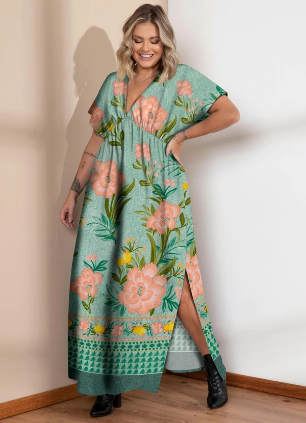 Quintess - Vestido Longo Floral Verde com Decote Profundo 2