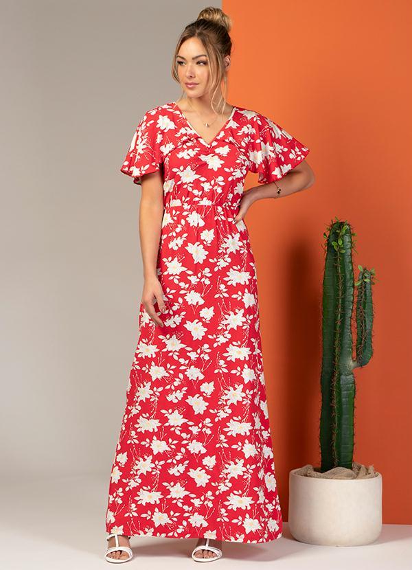 Quintess - Vestido Longo Floral Vermelho com Babado