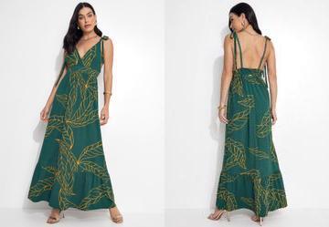 Vestido Longo Folhagem Verde com Alas e Babado