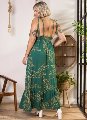 Quintess - Vestido Longo Folhagem Verde com Alças e Babado - QUINTESS