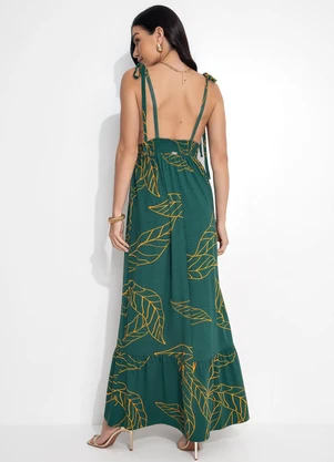 Quintess - Vestido Longo Folhagem Verde com Alças e Babado - QUINTESS
