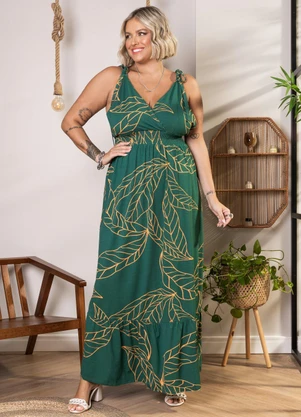 Quintess - Vestido Longo Folhagem Verde com Alças e Babado - QUINTESS
