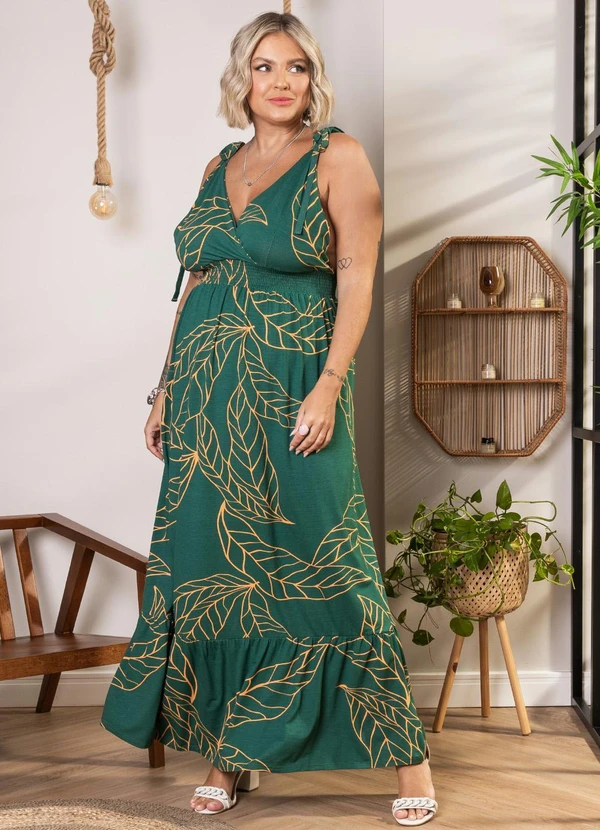 Quintess - Vestido Longo Folhagem Verde com Alças e Babado