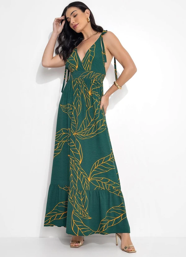 Quintess - Vestido Longo Folhagem Verde com Alças e Babado 3