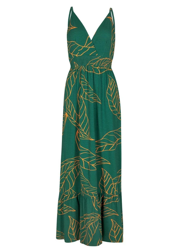 Quintess - Vestido Longo Folhagem Verde com Alças e Babado 4