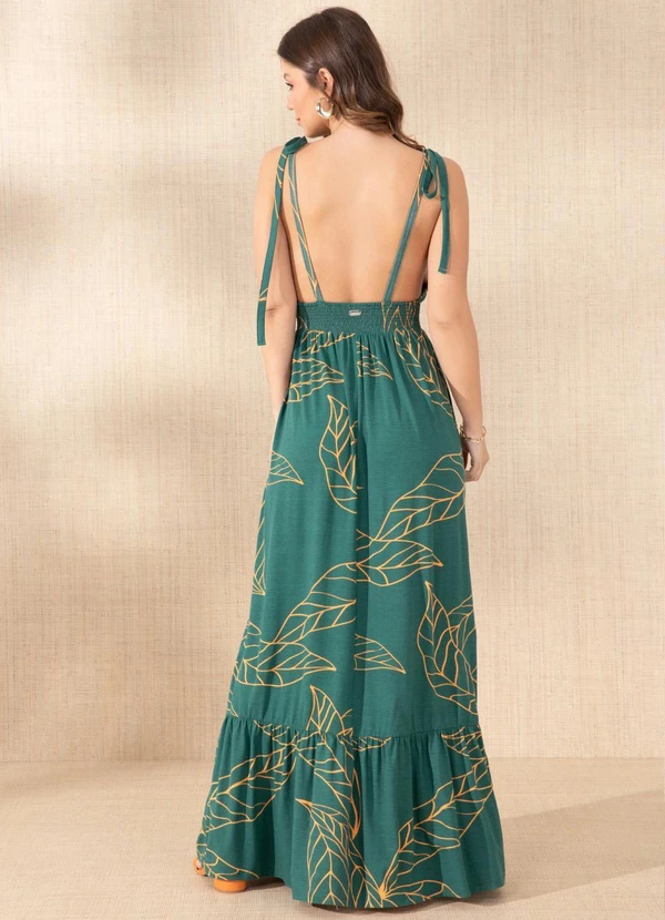 Quintess - Vestido Longo Folhagem Verde com Alças e Babado 6