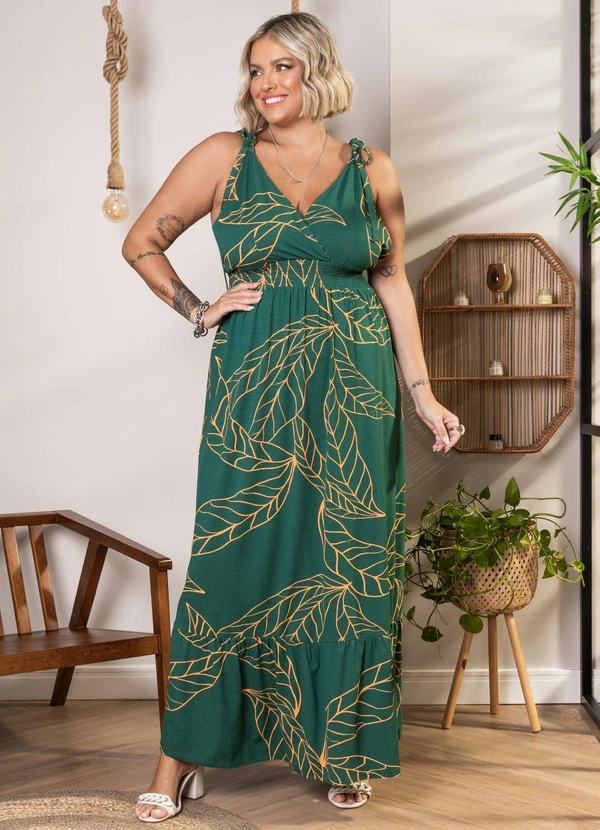 Quintess - Vestido Longo Folhagem Verde com Alças e Babado 9