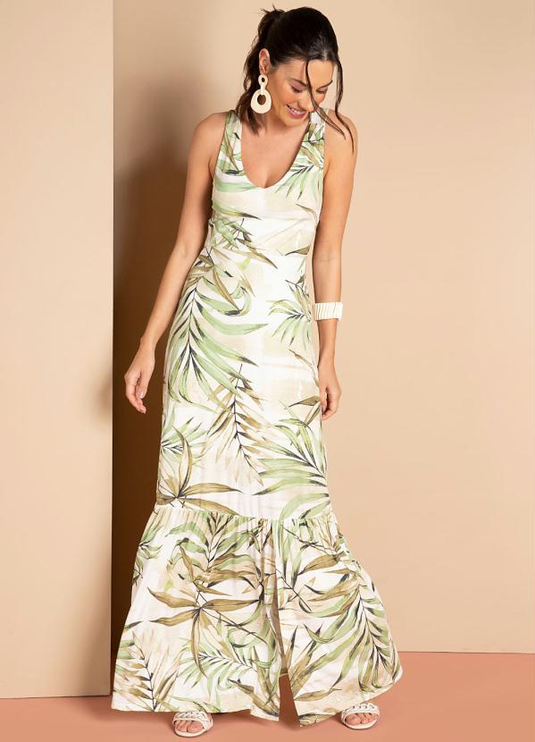 Quintess - Vestido Longo Folhagem Verde com Franzidos