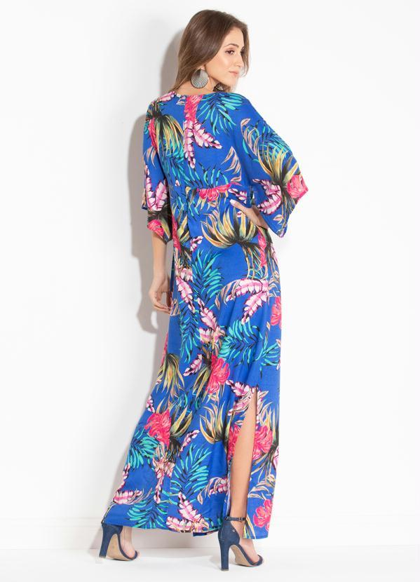 Quintess - Vestido Longo Folhagens Azul com Fenda Lateral 2