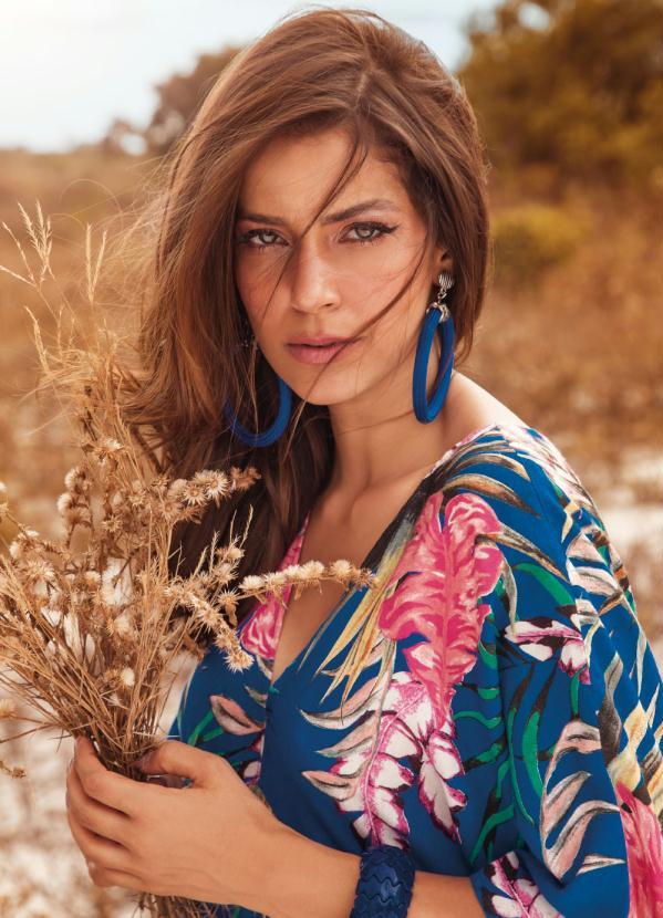 Quintess - Vestido Longo Folhagens Azul com Fenda Lateral 4